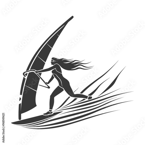 Silhouette of a woman windsurfing with a flowing sail