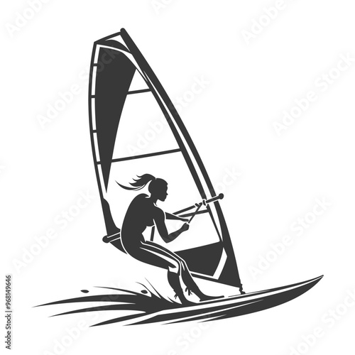 Silhouette of a Woman Windsurfing on a Wave