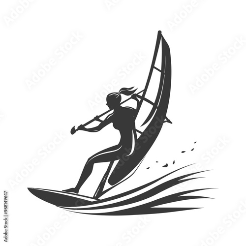 Silhouette of a Woman Windsurfing on a Wave