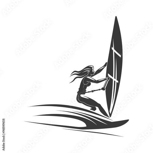 Silhouette of a woman windsurfing on a wave