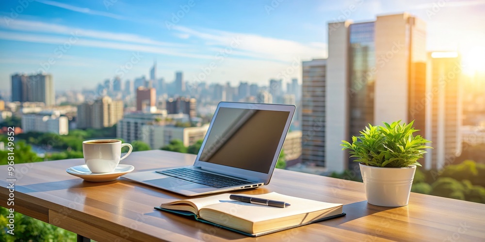 Laptop, Book and Coffee on Balcony with City Skyline View, Laptop, Coffee, Balcony Laptop, Book and Coffee on Balcony with City Skyline View, Laptop, Coffee, Balcony
