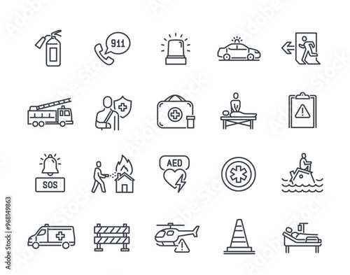 Emergency line icon set. Simple symbols with first aid kit, accident, ambulance, police and fire extinguisher. Editable stroke. Outline vector illustration collection isolated on white background