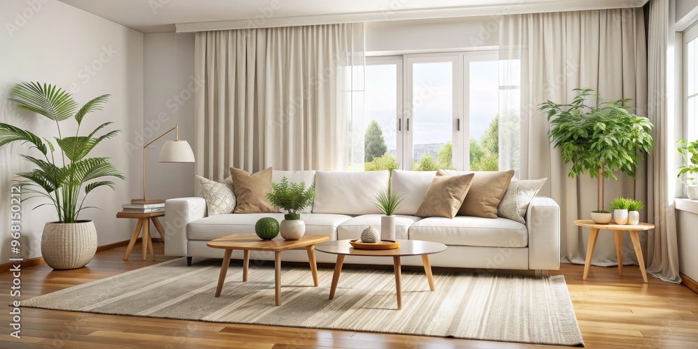 Living Room Interior Design with White Sofa and Natural Decor, interior design, living room, natural decor Living Room Interior Design with White Sofa and Natural Decor, interior design, living room, natural decor
