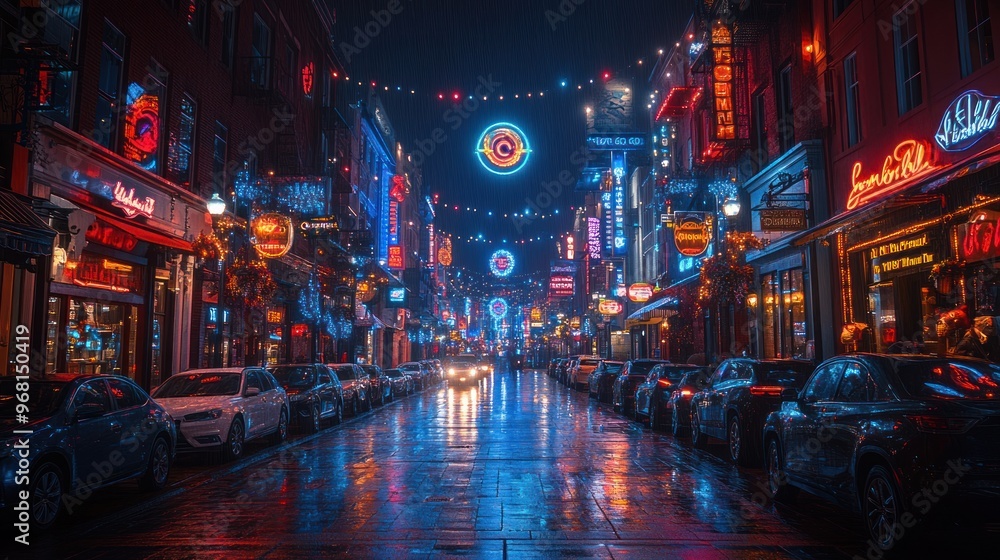 Vibrant night street scene illuminated by colorful neon lights. Vibrant night street scene illuminated by colorful neon lights.
