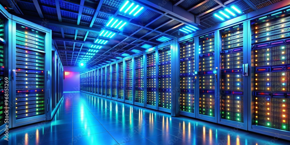 Server Room with Blue Lights, Digital Infrastructure, Data Center, Technology, Network Server Room with Blue Lights, Digital Infrastructure, Data Center, Technology, Network