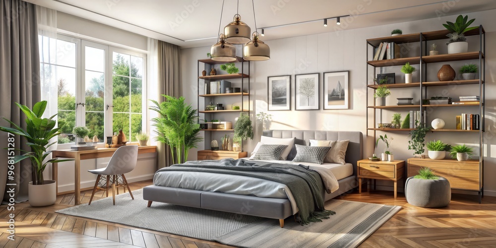 Modern Bedroom Interior with Grey Bed and Natural Light, Bedroom Design, Interior Design ,Modern Home Modern Bedroom Interior with Grey Bed and Natural Light, Bedroom Design, Interior Design ,Modern Home