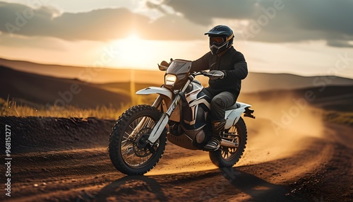 Confident rider on a dirt bike navigating a road under a stunning sunset, with warm golden hues illuminating the adventurous spirit