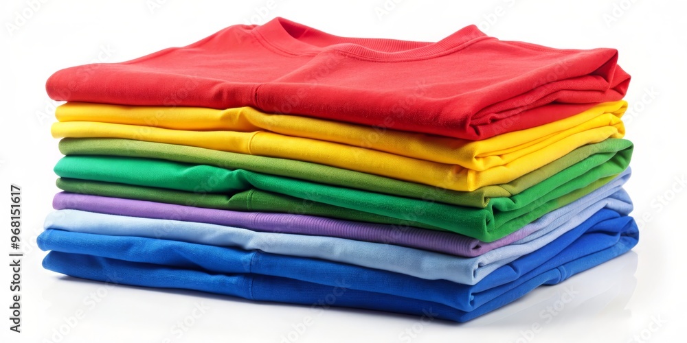 Stack of Colorful T-Shirts, White Background, Apparel, Clothing, Fashion Stack of Colorful T-Shirts, White Background, Apparel, Clothing, Fashion