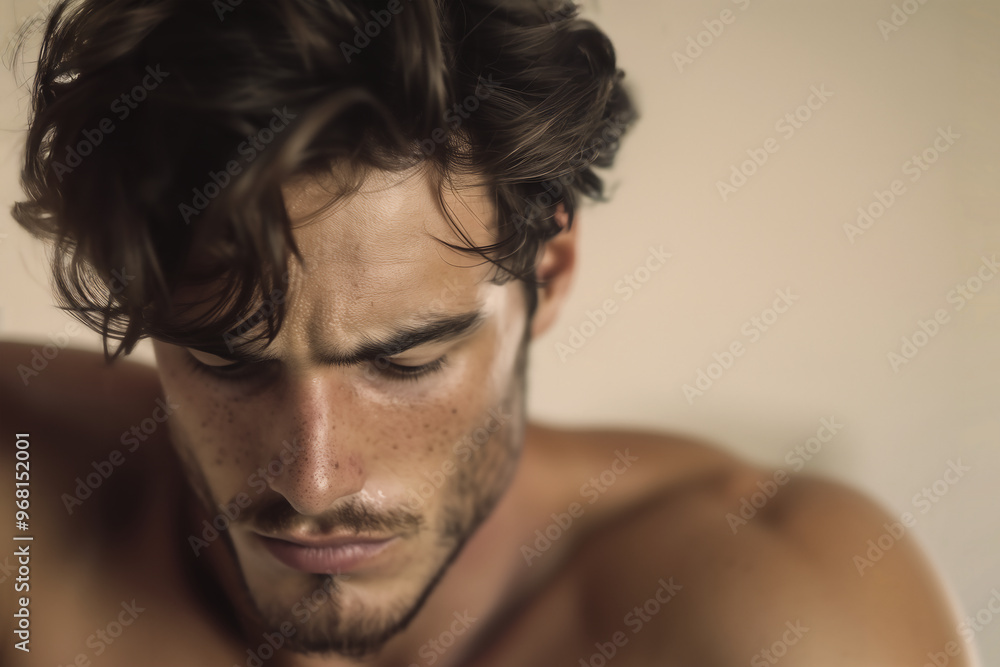 depression, a depressed man holding his head with one hand, looking down with a furrowed brow. His expression is serious and reflective depression, a depressed man holding his head with one hand, looking down with a furrowed brow. His expression is serious and reflective