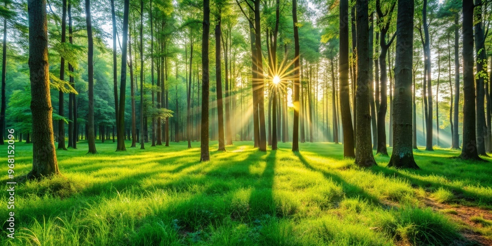 Obraz premium Sunbeams Through the Trees, Lush Forest, Sunrays, Green Landscape, Nature Photography, Forest, Sun