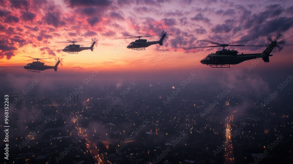 Helicopters flying over a city skyline during a vibrant sunset in the evening sky Helicopters flying over a city skyline during a vibrant sunset in the evening sky