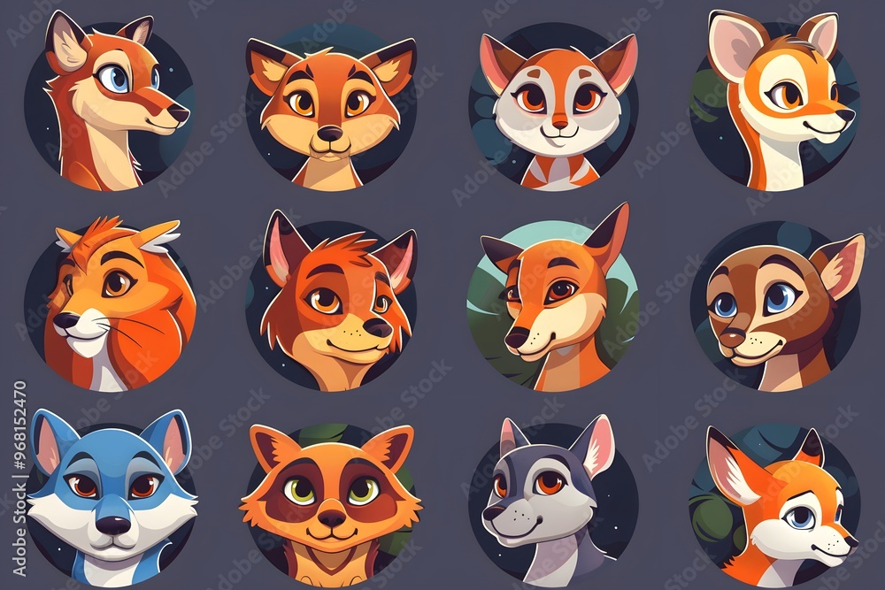 Fototapeta premium Colorful Collection of Cartoon Animal Faces in Circular Frames