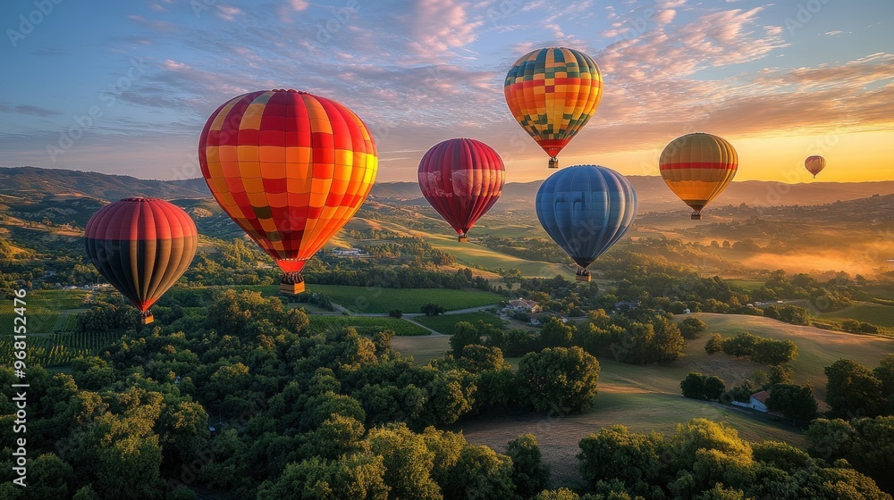 Fototapeta premium Colorful hot air balloons soaring over a scenic landscape at sunrise.