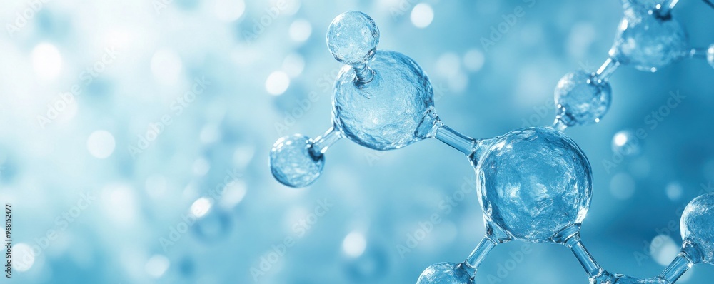 Close-up of transparent molecular structure on a light blue gradient background showcasing chemistry and scientific research Close-up of transparent molecular structure on a light blue gradient background showcasing chemistry and scientific research