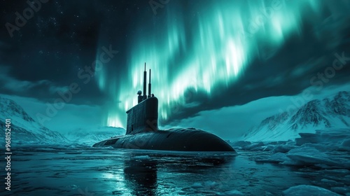 A submarine navigates icy waters under a vibrant aurora borealis at night