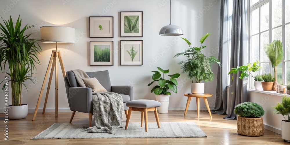 Modern Living Room with Grey Armchair and Green Plants, Floor Lamp, and Pendant Light, Home Decor, Minimalist Style, Interior Design, Living Room Modern Living Room with Grey Armchair and Green Plants, Floor Lamp, and Pendant Light, Home Decor, Minimalist Style, Interior Design, Living Room