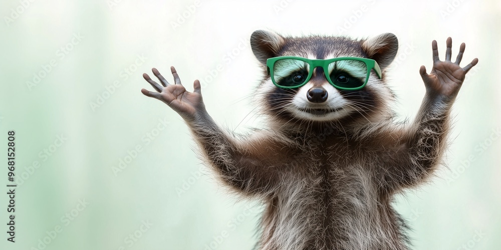 Funny raccoon in green sunglasses making a hand up Funny raccoon in green sunglasses making a hand up