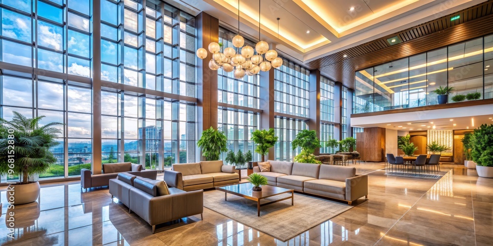 Modern Lobby with Skyview and Chandelier, interior design, luxury, office Modern Lobby with Skyview and Chandelier, interior design, luxury, office