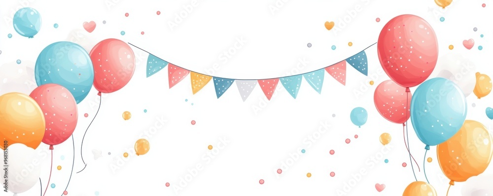 Colorful cartoon-style frame with balloons and festive bunting for celebration themes Colorful cartoon-style frame with balloons and festive bunting for celebration themes