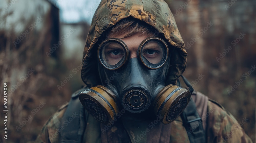 Young person in a gas mask exploring an abandoned area during late afternoon light Young person in a gas mask exploring an abandoned area during late afternoon light