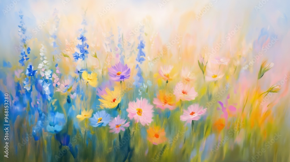 A beautiful wildflower meadow with vibrant colors, painted in an impressionistic style using oil paints on canvas. The background is soft and blurred to create depth of field, and the flowers appear A beautiful wildflower meadow with vibrant colors, painted in an impressionistic style using oil paints on canvas. The background is soft and blurred to create depth of field, and the flowers appear
