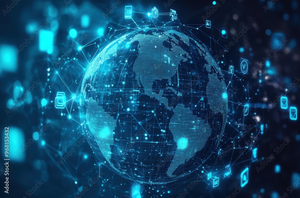 Digital technology background with a connected globe illustrating global communication and data networks Digital technology background with a connected globe illustrating global communication and data networks