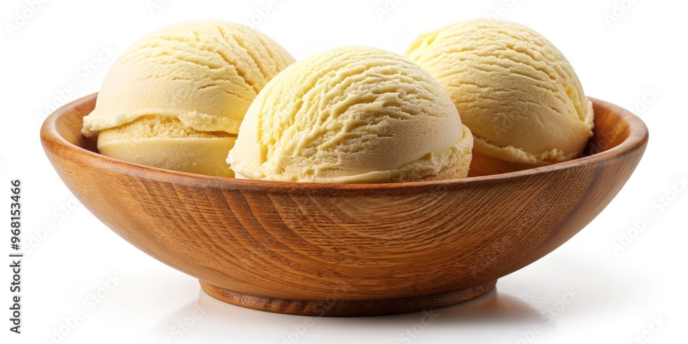 Three Scoops of Vanilla Ice Cream in a Wooden Bowl, isolated, white background, ice cream, dessert, food Three Scoops of Vanilla Ice Cream in a Wooden Bowl, isolated, white background, ice cream, dessert, food