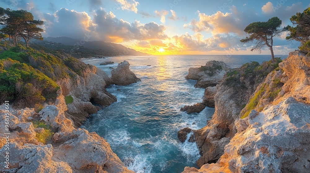 Serene coastal sunset over rocky shores and calm waters. Serene coastal sunset over rocky shores and calm waters.