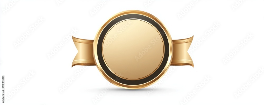 Elegant gold circular badge with ribbon on a white background symbolizes achievement and quality Elegant gold circular badge with ribbon on a white background symbolizes achievement and quality