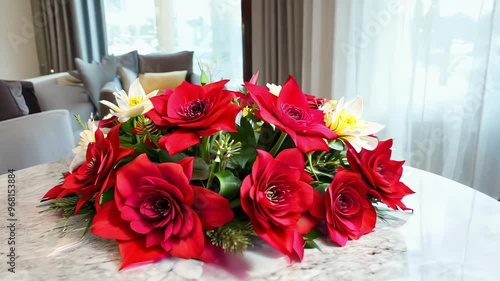 Wallpaper Mural Elegant Red and White Floral Arrangement on Marble Table in Modern Living Room with Comfortable Seating. Red Poinsettia Flowers. Holiday Decor, Seasonal Celebrations, Christmas bouquet concept Torontodigital.ca