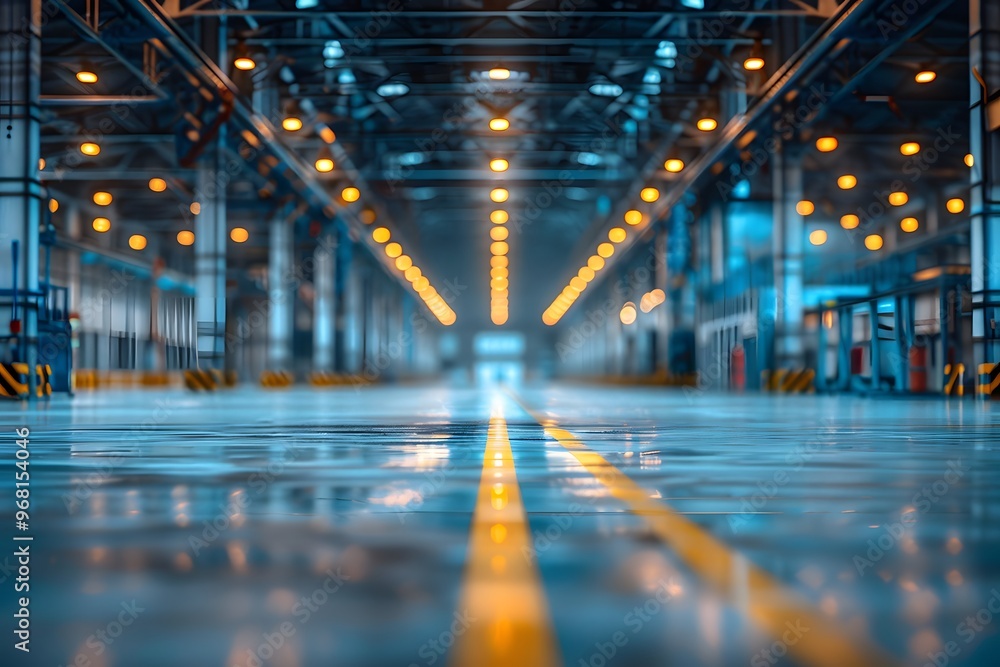 Spacious Industrial Warehouse with Reflective Floor and Ambient Lighting Spacious Industrial Warehouse with Reflective Floor and Ambient Lighting