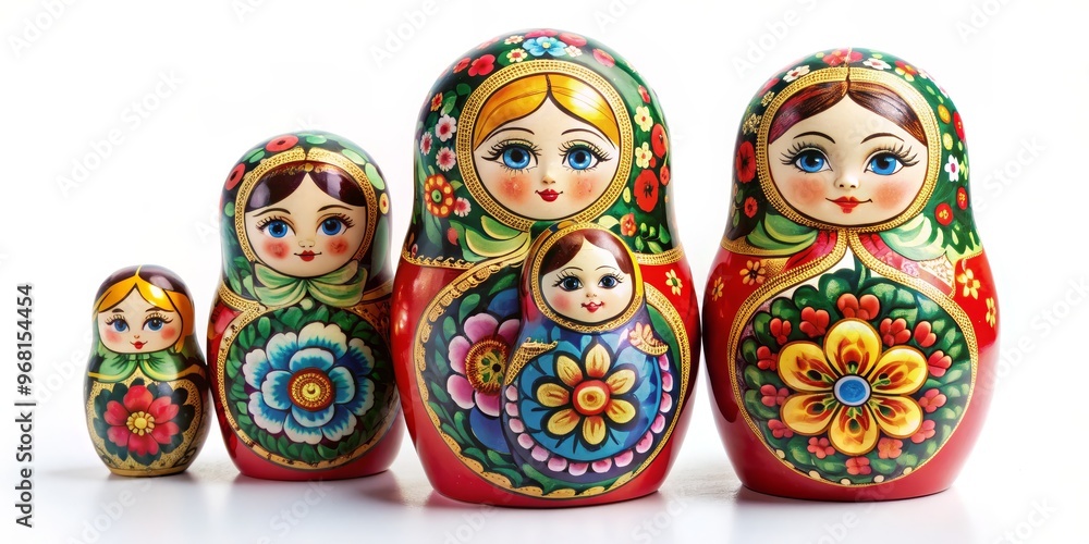 Nesting Dolls A Family of Four, Painted with Traditional Floral Patterns, Red, Green, and Gold Colors, Isolated on White, Matryoshka Nesting Dolls A Family of Four, Painted with Traditional Floral Patterns, Red, Green, and Gold Colors, Isolated on White, Matryoshka