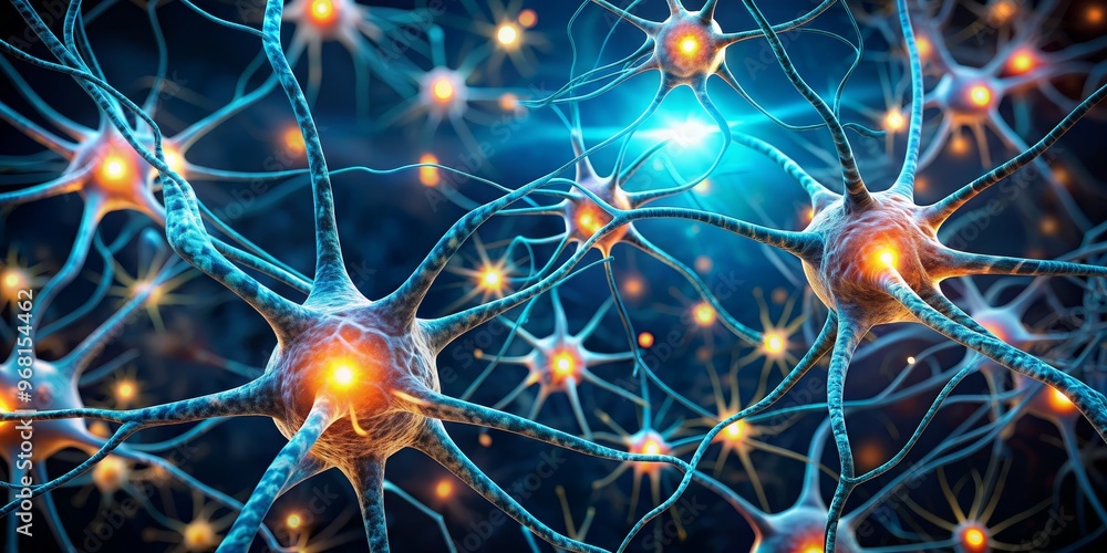 Neural Network, 3D rendering, blue and orange, scientific illustration, neuron, synapse, brain Neural Network, 3D rendering, blue and orange, scientific illustration, neuron, synapse, brain