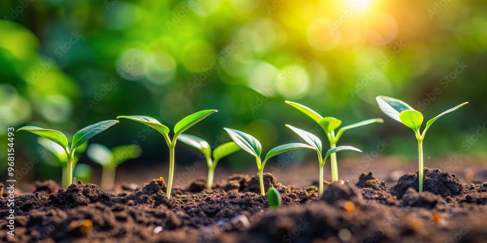 New Life Sprouts A Macro Perspective of Seven Green Seedlings Emerging from Rich Soil with a Soft Focus Green and Yellow Bokeh Background, Nature, Growth, New Beginning ,seedlings, spring, nature New Life Sprouts A Macro Perspective of Seven Green Seedlings Emerging from Rich Soil with a Soft Focus Green and Yellow Bokeh Background, Nature, Growth, New Beginning ,seedlings, spring, nature