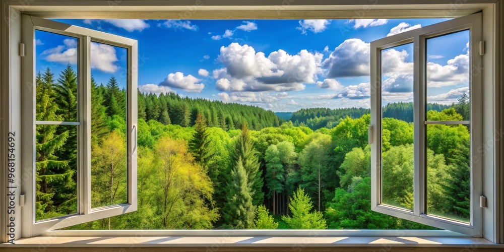 Open Window View of a Green Forest Landscape, White Frame, Sunlight, Nature, Outdoors, Window, View Open Window View of a Green Forest Landscape, White Frame, Sunlight, Nature, Outdoors, Window, View