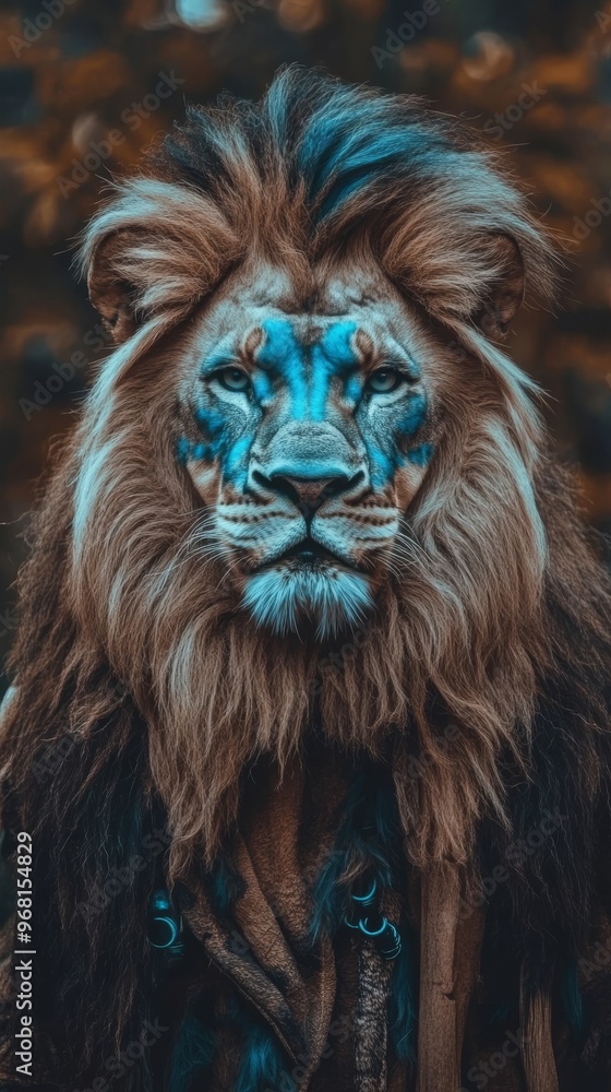 Fototapeta premium Majestic lion with blue tribal markings in forest, portrait. Wildlife and fantasy art concept