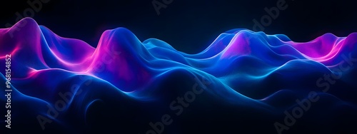 Abstract background with blue and purple glowing waves on a dark black background, an AI technology concept