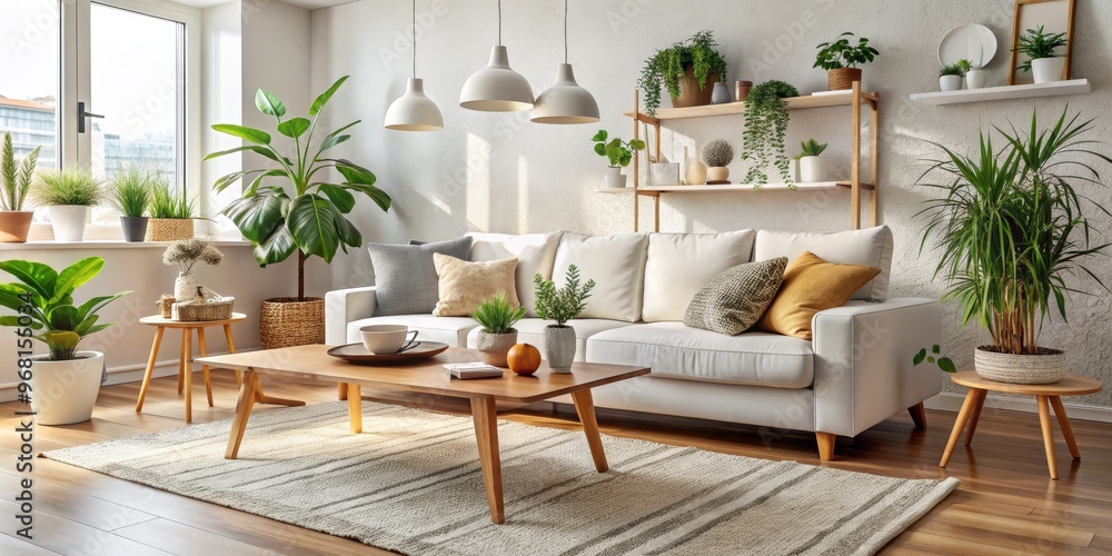 White Sofa Living Room with Plants and Wooden Accents, Interior Design, Home Decor, Minimalist White Sofa Living Room with Plants and Wooden Accents, Interior Design, Home Decor, Minimalist