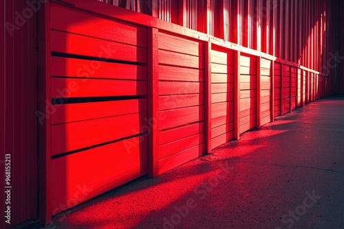 Red Wooden Wall with Sunlight Casting Shadows photo