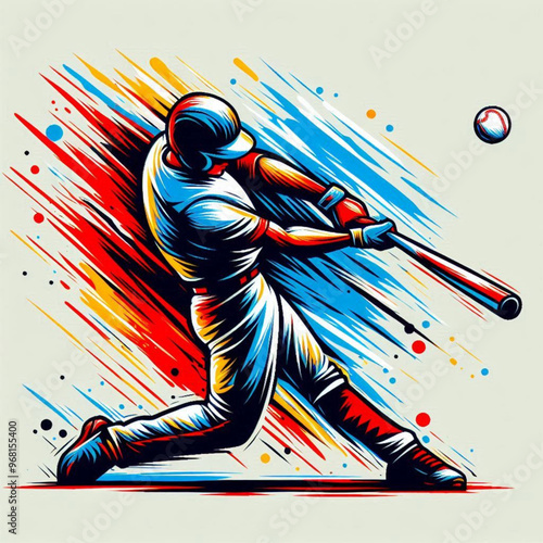 Baseball player hitting a powerful shot with vibrant dynamic colors

