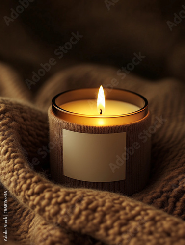 A close-up of an elegant candle with a blank label placed in front of a plush brown blanket. The flame is visible and casts a soft light on its surface. A warm glow emanates from within, as if adding 