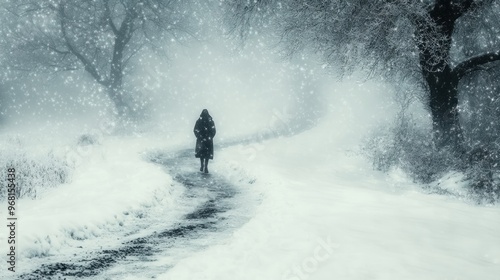 A solitary figure walks along a snow-covered path in a winter landscape. photo