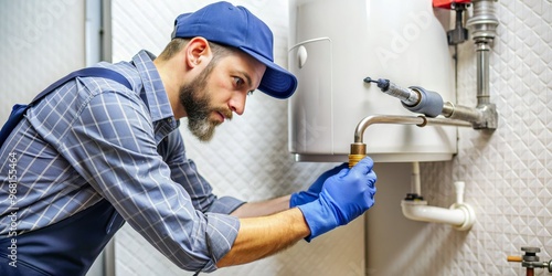 Plumber in Blue Gloves Fixing Water Heater, Plumbing, Water Heater, Repair