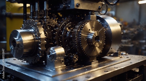 Generative AI, A close-up view of complex industrial machinery with intricate gears and mechanical parts, showcasing precision engineering and craftsmanship in a high-detail photograph photo