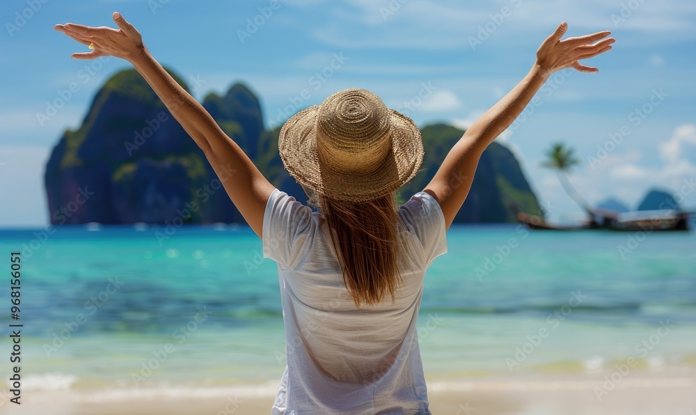 Traveler Woman Embracing the Beauty of Krabi, Thailand: Breathtaking Beach Panorama and Joyful Vacation Traveler Woman Embracing the Beauty of Krabi, Thailand: Breathtaking Beach Panorama and Joyful Vacation
