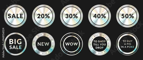 A set of luminous holographic stickers with discounts for goods. Big discounts of 50%. To shop till you drop.