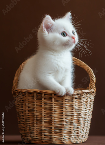 White british shorthair kitten sitting in wicker basket on brown background.