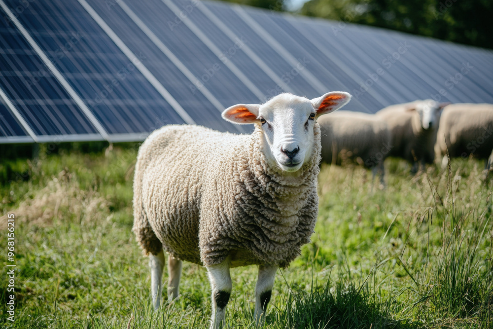 Flock of sheep grazing peacefully on a lush green pasture with rows of solar panels in the background, showcasing the concept of agrivoltaics Flock of sheep grazing peacefully on a lush green pasture with rows of solar panels in the background, showcasing the concept of agrivoltaics