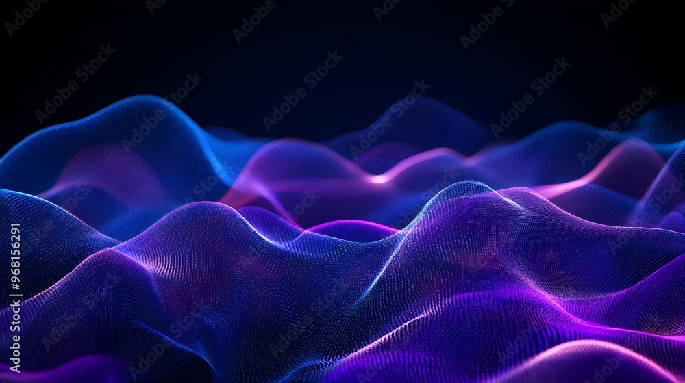 Fototapeta premium Abstract background with blue and purple glowing waves on a dark black background, an AI technology concept