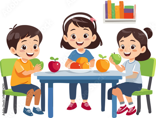 cartoon group of children sitting at the table and eating fresh fruit, illustration vector